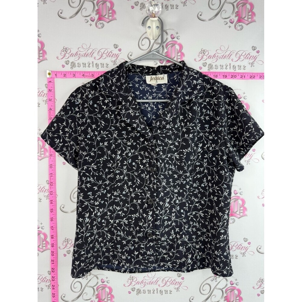 Jessica T-shirt top button up Black navy Floral Short-Sleeve Button Front Top